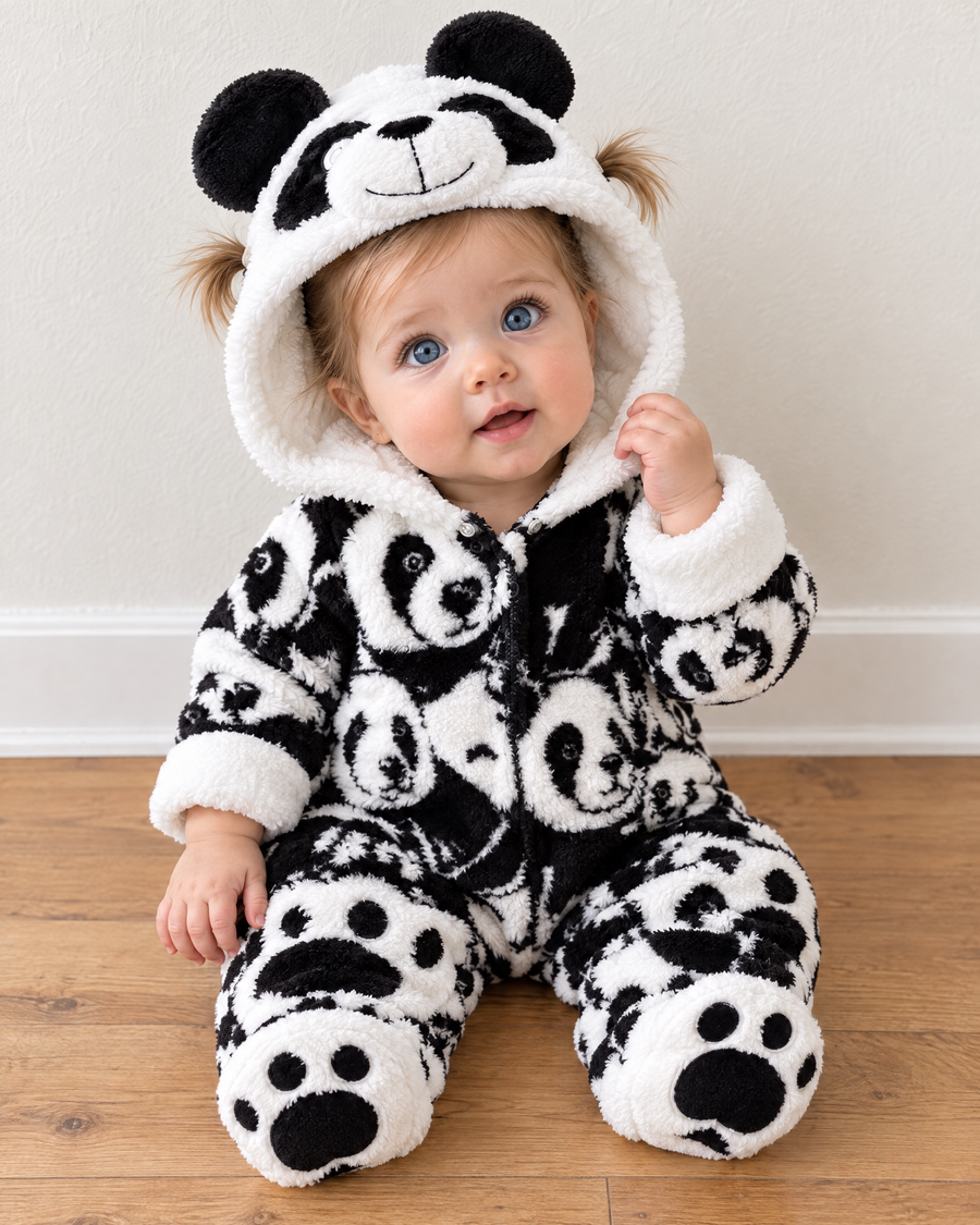 Baby wearing the Panda romper