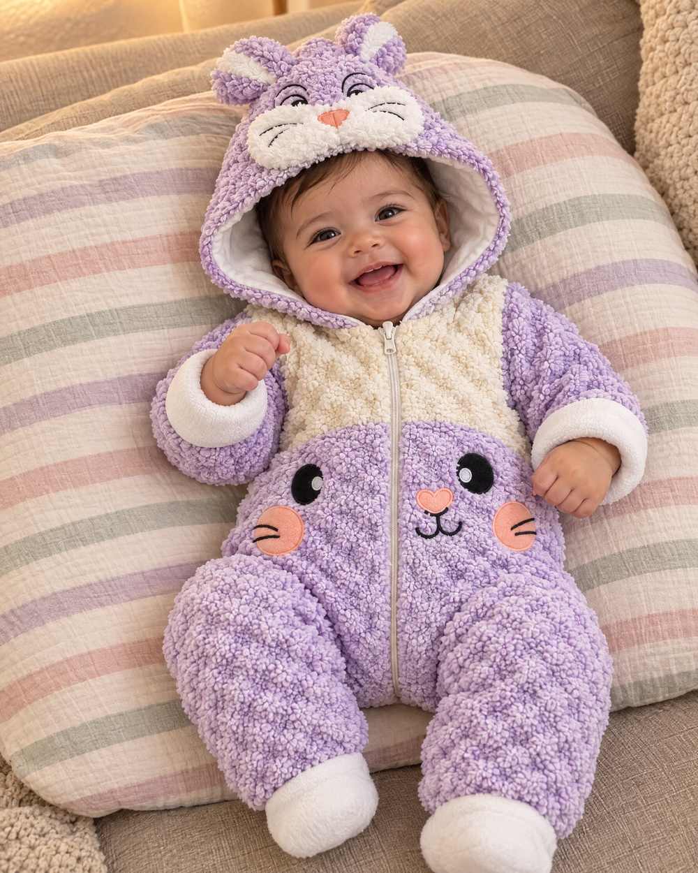 Baby wearing the Lavender Bunny romper