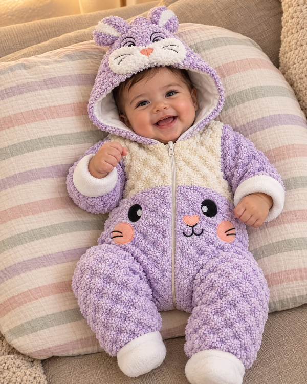 Baby wearing the Lavender Bunny romper