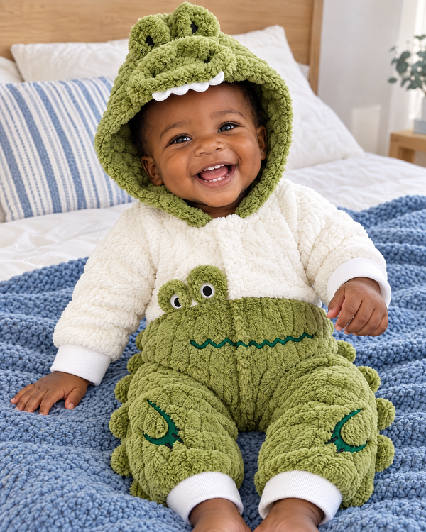 Baby wearing the Green Crocodile romper