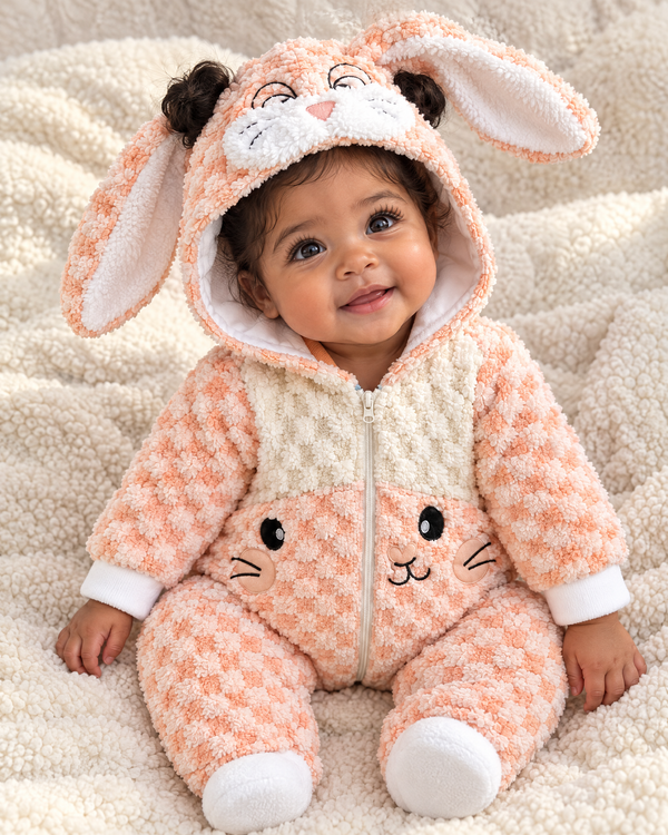 Baby wearing the Peach Bunny romper